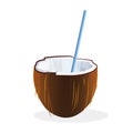 Tasty healthy coconut juice with ripe coconut from a straw